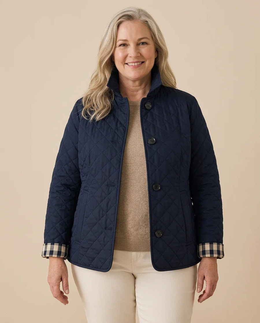 Diamond Quilted Button Jacket worn by a woman with curves