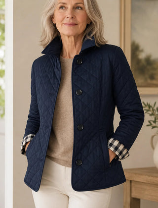 Diamond Quilted Button Jacket in Navy