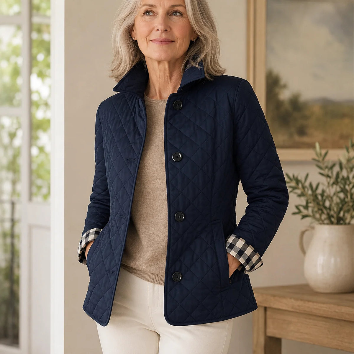 Diamond Quilted Button Jacket in Navy