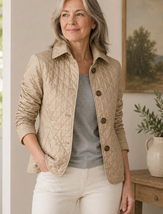 Diamond Quilted Button Jacket in Beige