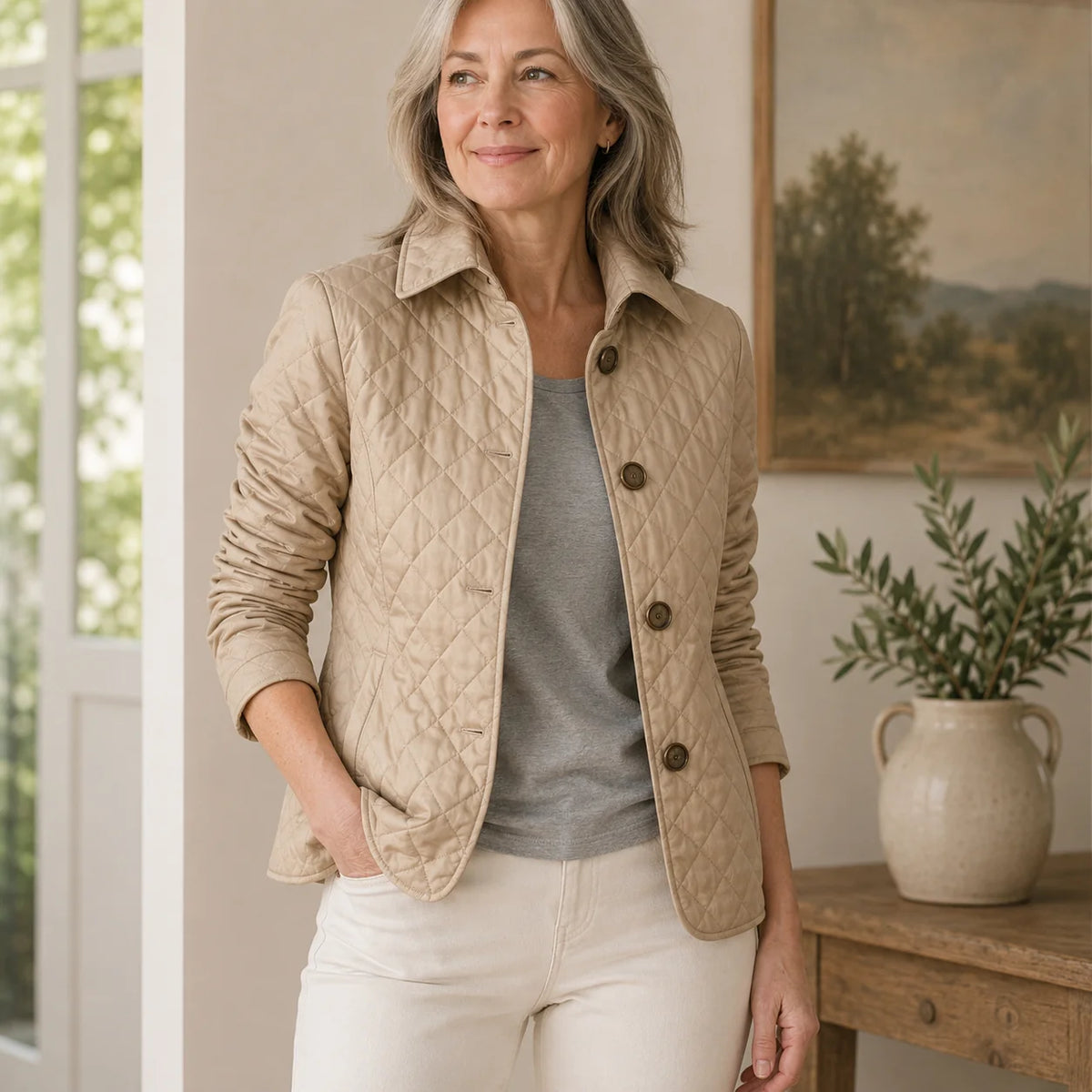 Diamond Quilted Button Jacket in Beige