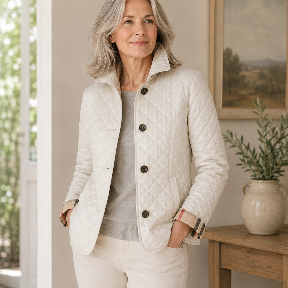 Diamond Quilted Button Jacket in Cream