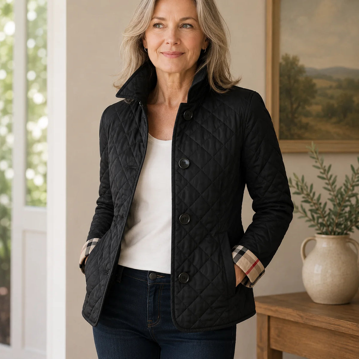 Diamond Quilted Button Jacket in Black