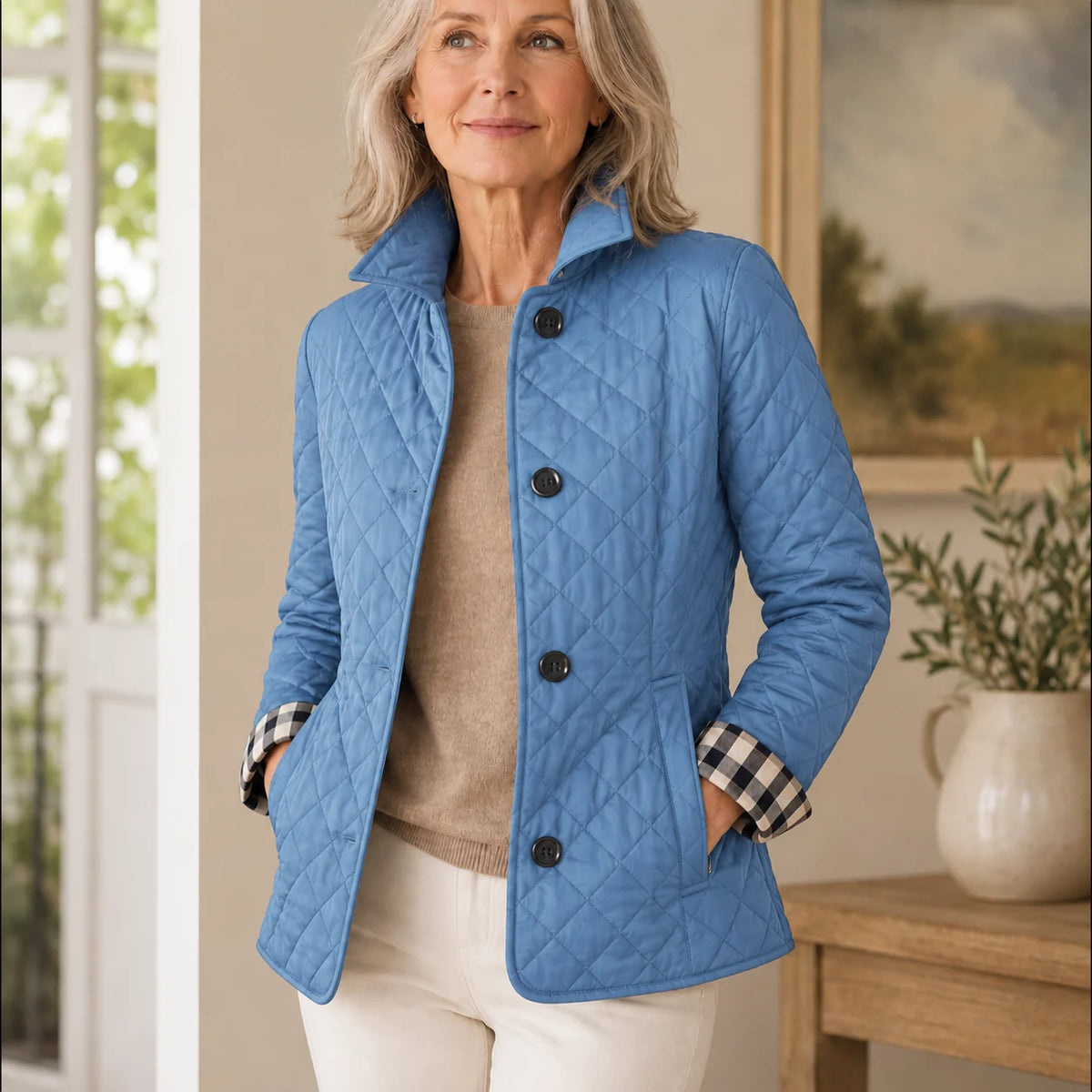 Diamond Quilted Button Jacket in Light Blue