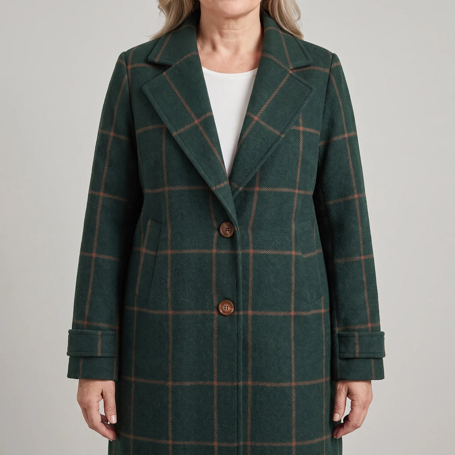 Woman wearing the Coralie Classic Checkered Coat in green