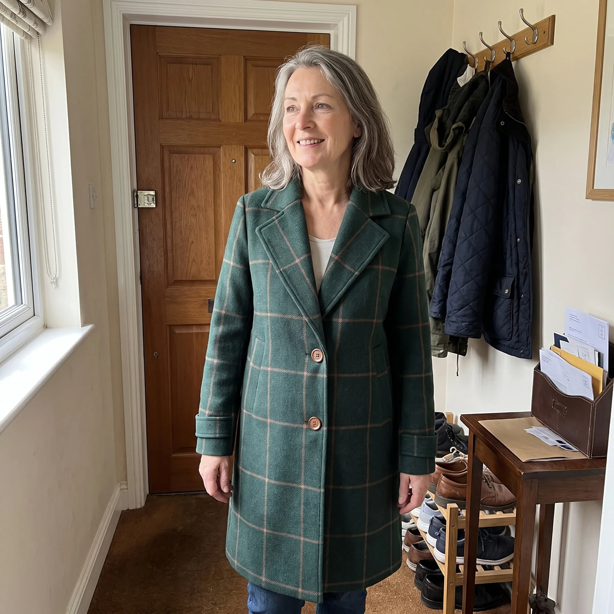 Woman wearing the Coralie coat in green at home
