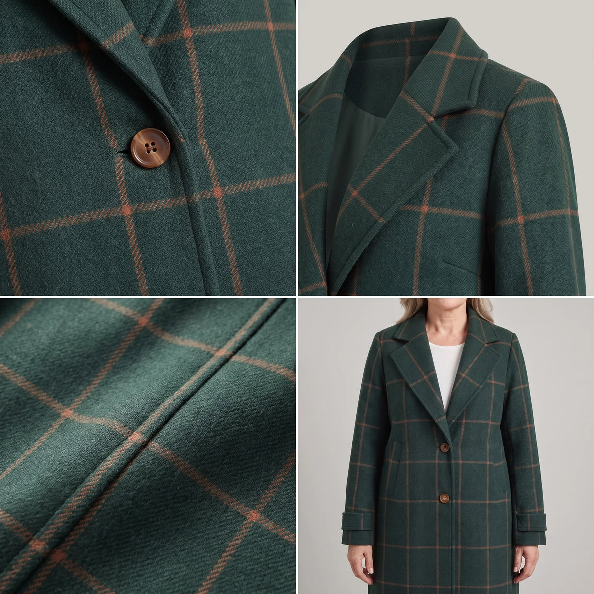 Coralie Classic Checkered Coat, close-ups of the pattern, lapel and fit