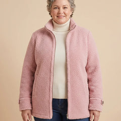 Stand Collar Teddy Zip Jacket worn by a woman with curves