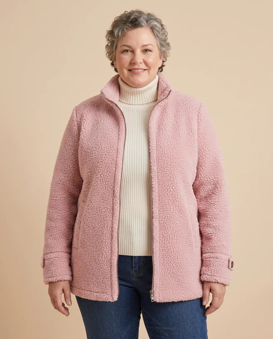 Stand Collar Teddy Zip Jacket worn by a woman with curves