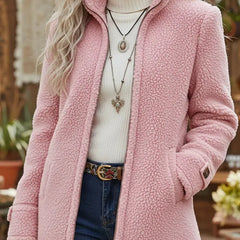 Stand Collar Teddy Zip Jacket in Pink