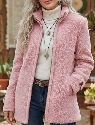 Stand Collar Teddy Zip Jacket in Pink