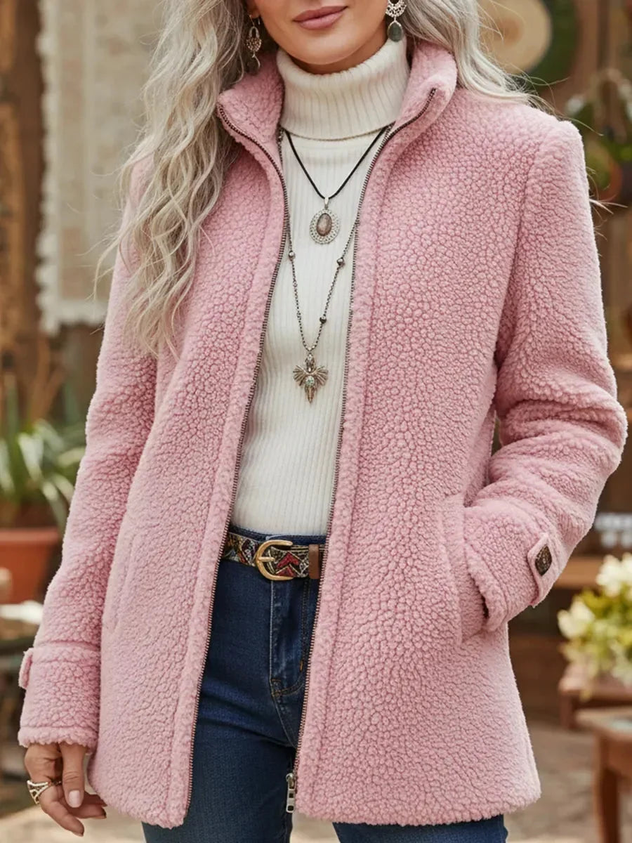 Stand Collar Teddy Zip Jacket in Pink