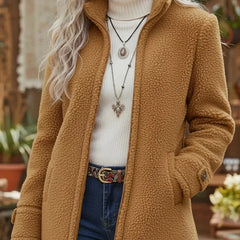 Stand Collar Teddy Zip Jacket in Camel