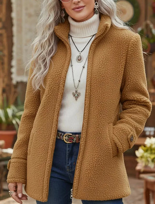 Stand Collar Teddy Zip Jacket in Camel