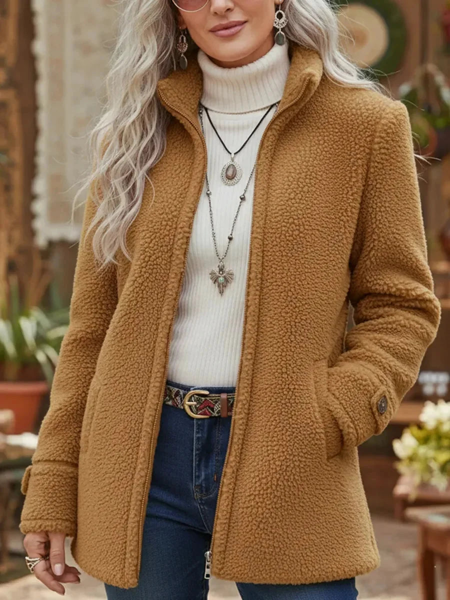 Stand Collar Teddy Zip Jacket in Camel
