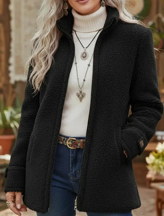 Stand Collar Teddy Zip Jacket in Black