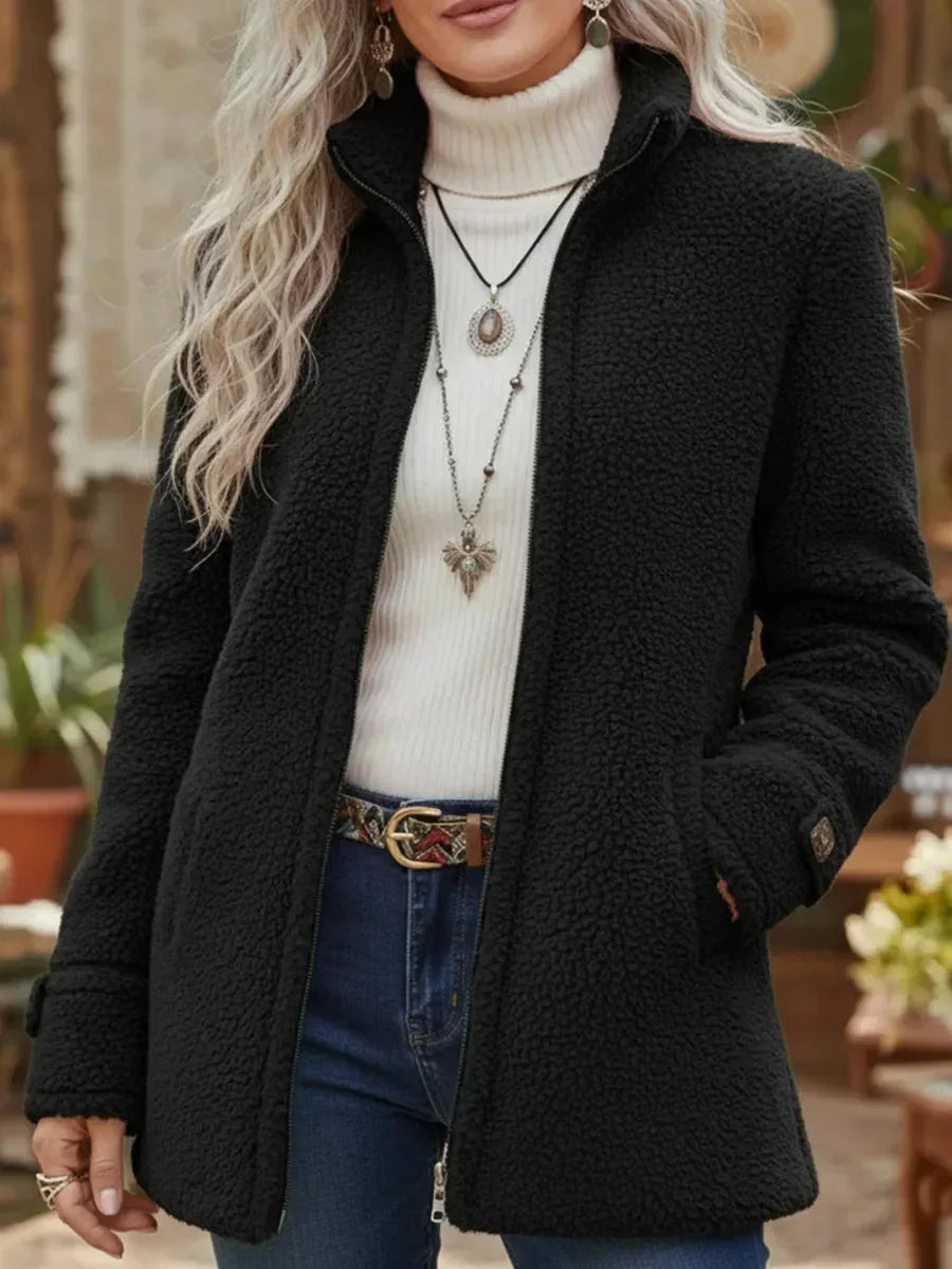 Stand Collar Teddy Zip Jacket in Black