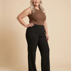 Wide-Leg Button Waist Trousers worn by a woman with curves