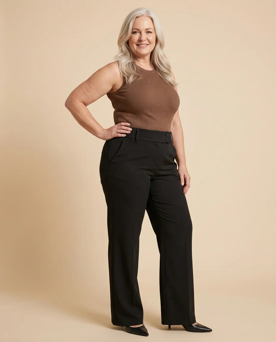 Wide-Leg Button Waist Trousers worn by a woman with curves
