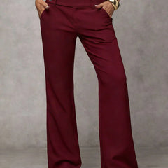 Wide-Leg Button Waist Trousers in Burgundy