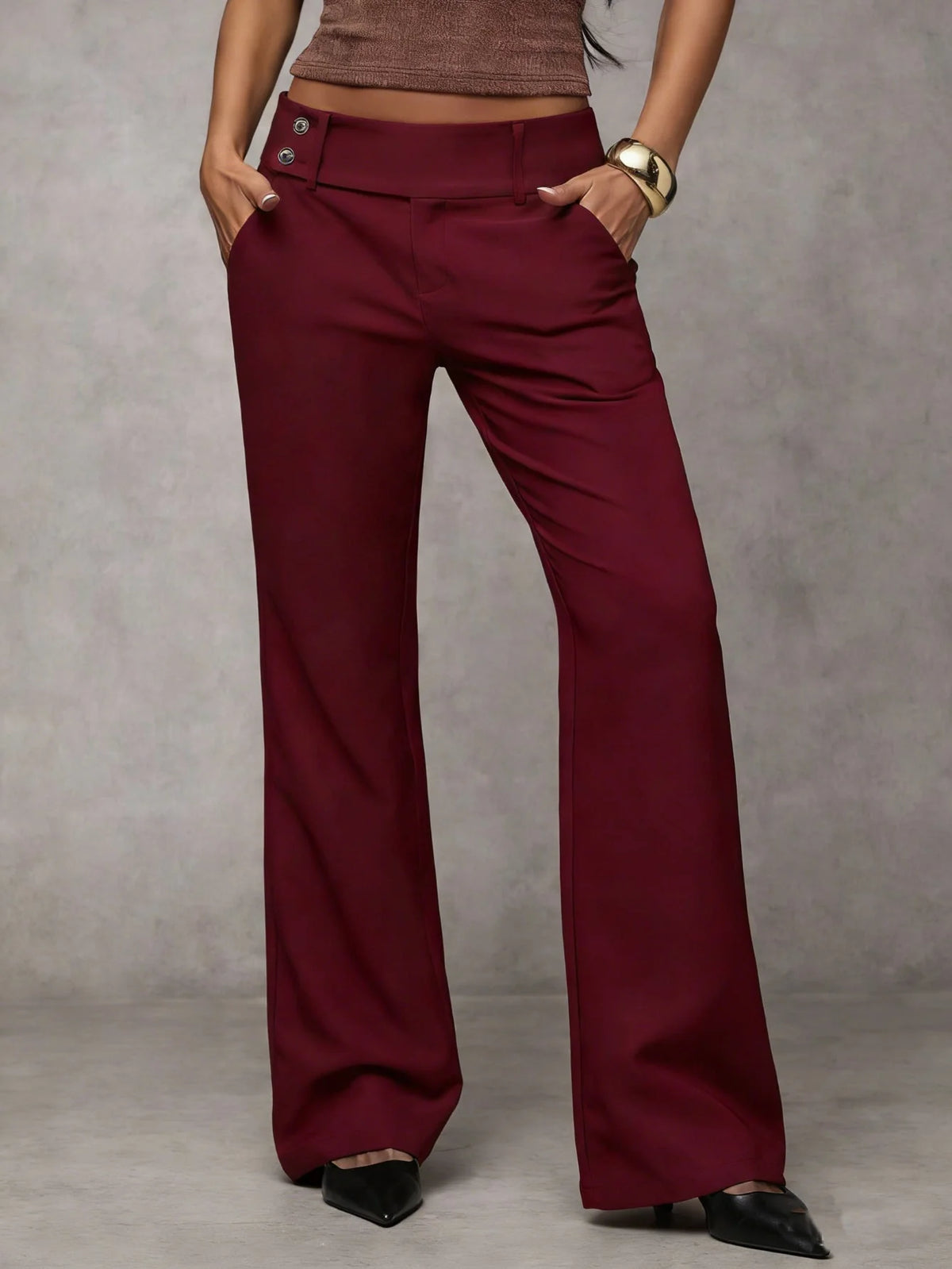 Wide-Leg Button Waist Trousers in Burgundy