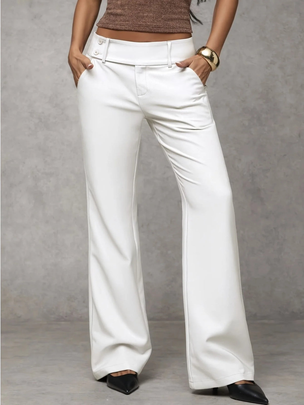 Wide-Leg Button Waist Trousers in White