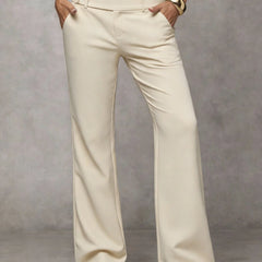Wide-Leg Button Waist Trousers in Beige