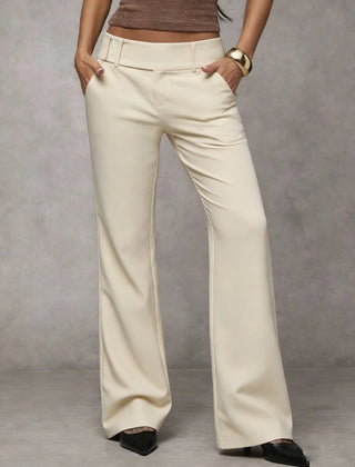 Wide-Leg Button Waist Trousers in Beige