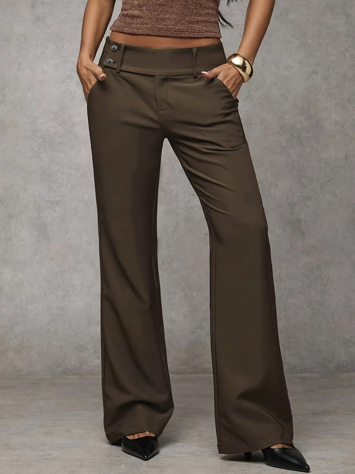 Wide-Leg Button Waist Trousers in Brown