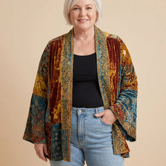Boho Embroidered Kimono Cardigan worn by a woman with curves