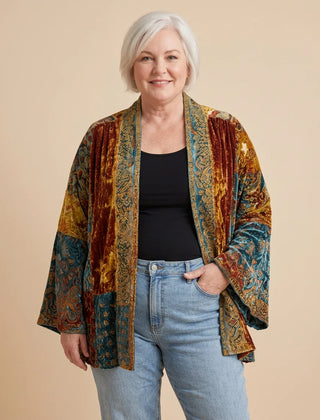 Boho Embroidered Kimono Cardigan worn by a woman with curves