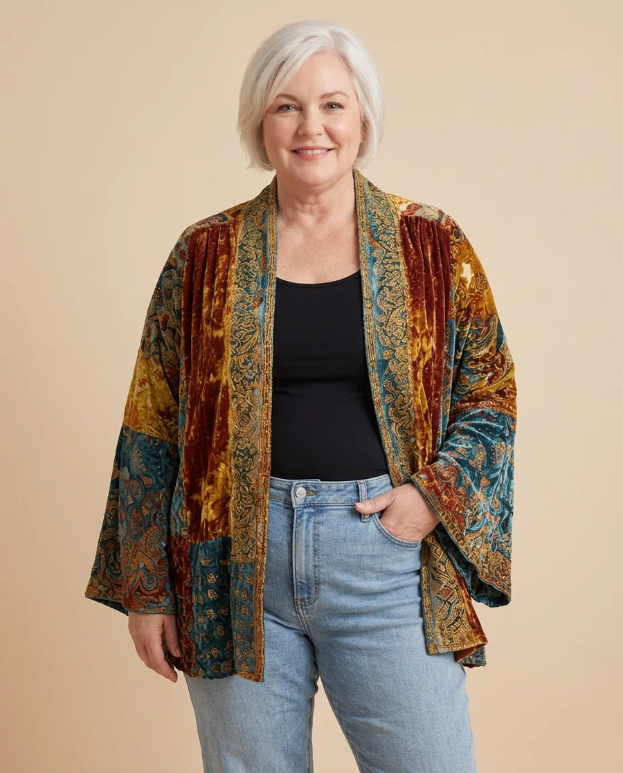Boho Embroidered Kimono Cardigan worn by a woman with curves