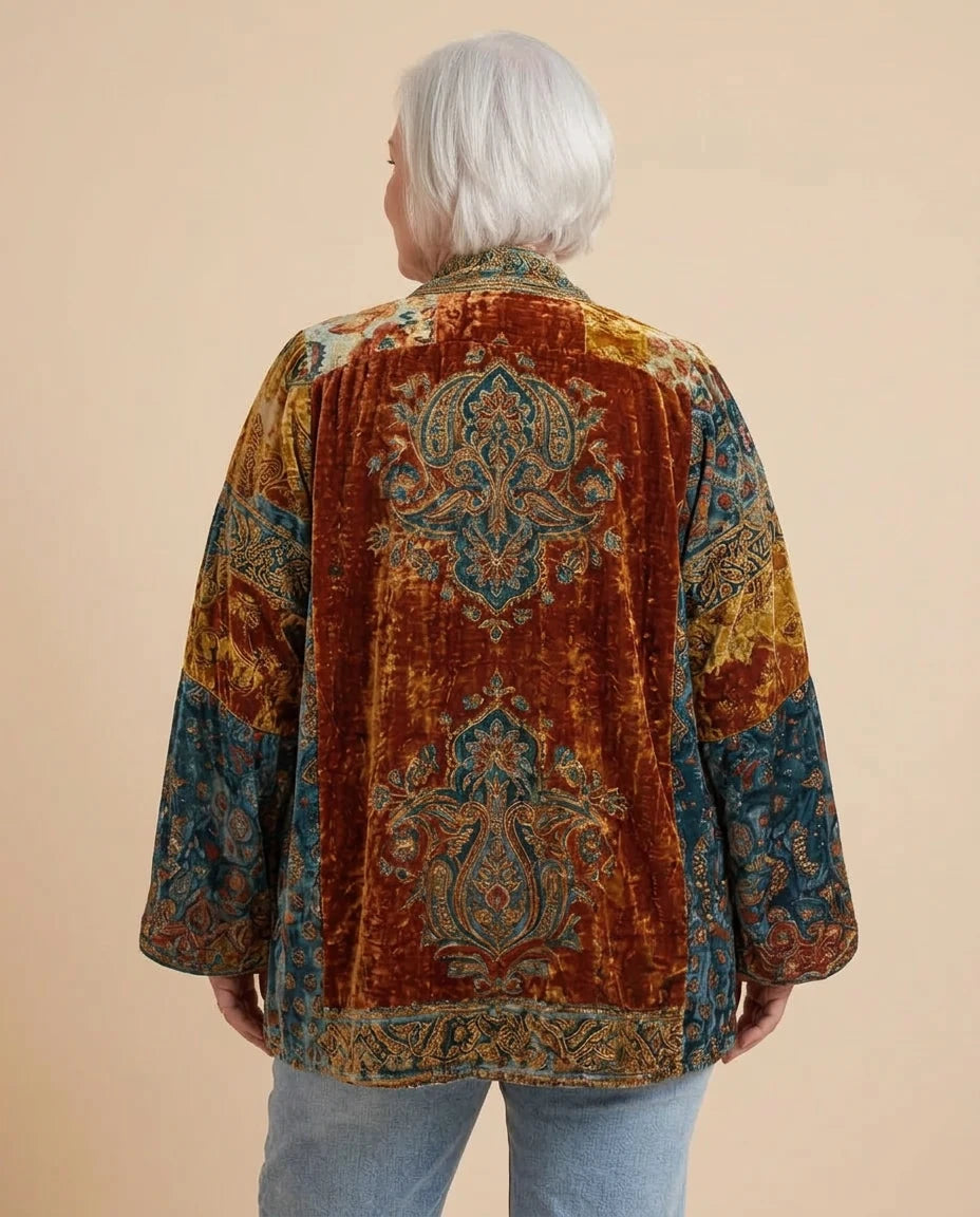 Back view of the Boho Embroidered Kimono Cardigan in Burgundy on a woman with curves