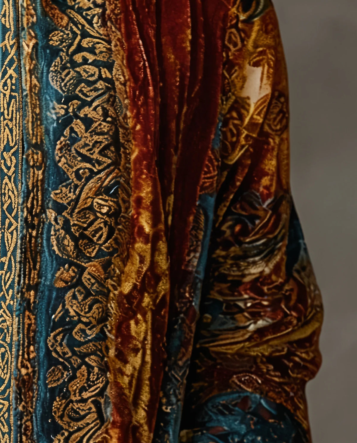 Close-up of the gold-patterned front band of the Boho Embroidered Kimono Cardigan in Burgundy