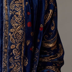 Close-up of the gold-patterned front band of the Boho Embroidered Kimono Cardigan in Navy