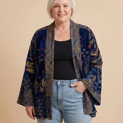 Boho Embroidered Kimono Cardigan in Navy on a woman with curves