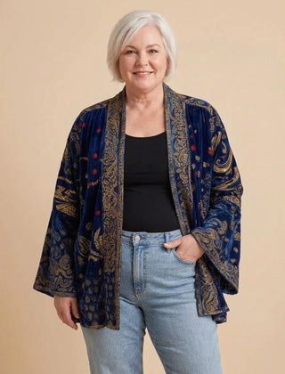 Boho Embroidered Kimono Cardigan in Navy on a woman with curves