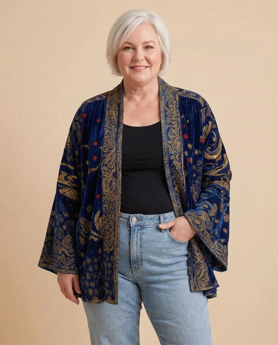 Boho Embroidered Kimono Cardigan in Navy on a woman with curves