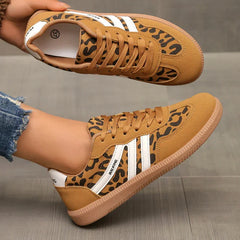 Retro Striped Sneakers in Camel Leopard