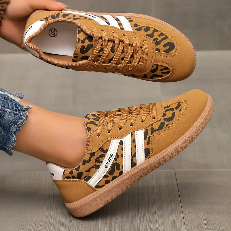 Retro Striped Sneakers in Camel Leopard