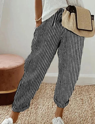 Striped Black Luna | Retro High-Waist Pants for Women | Casual & Smart