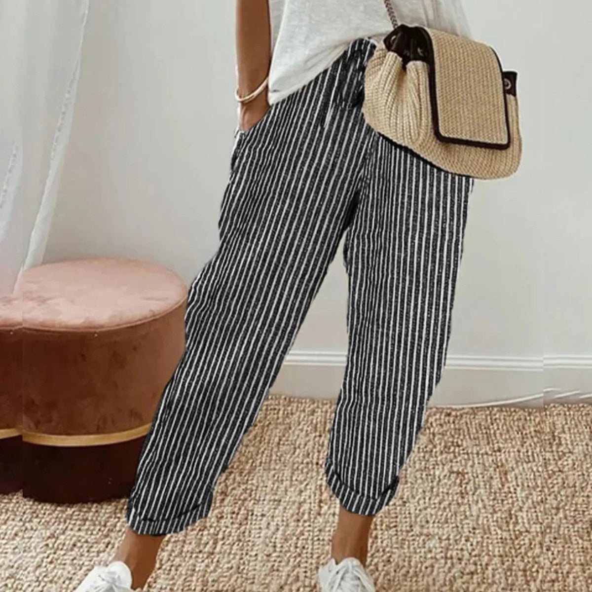 Striped Black Luna | Retro High-Waist Pants for Women | Casual & Smart