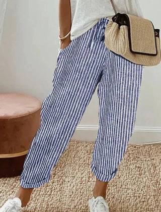 Striped Blue Luna | Retro High-Waist Pants for Women | Casual & Smart