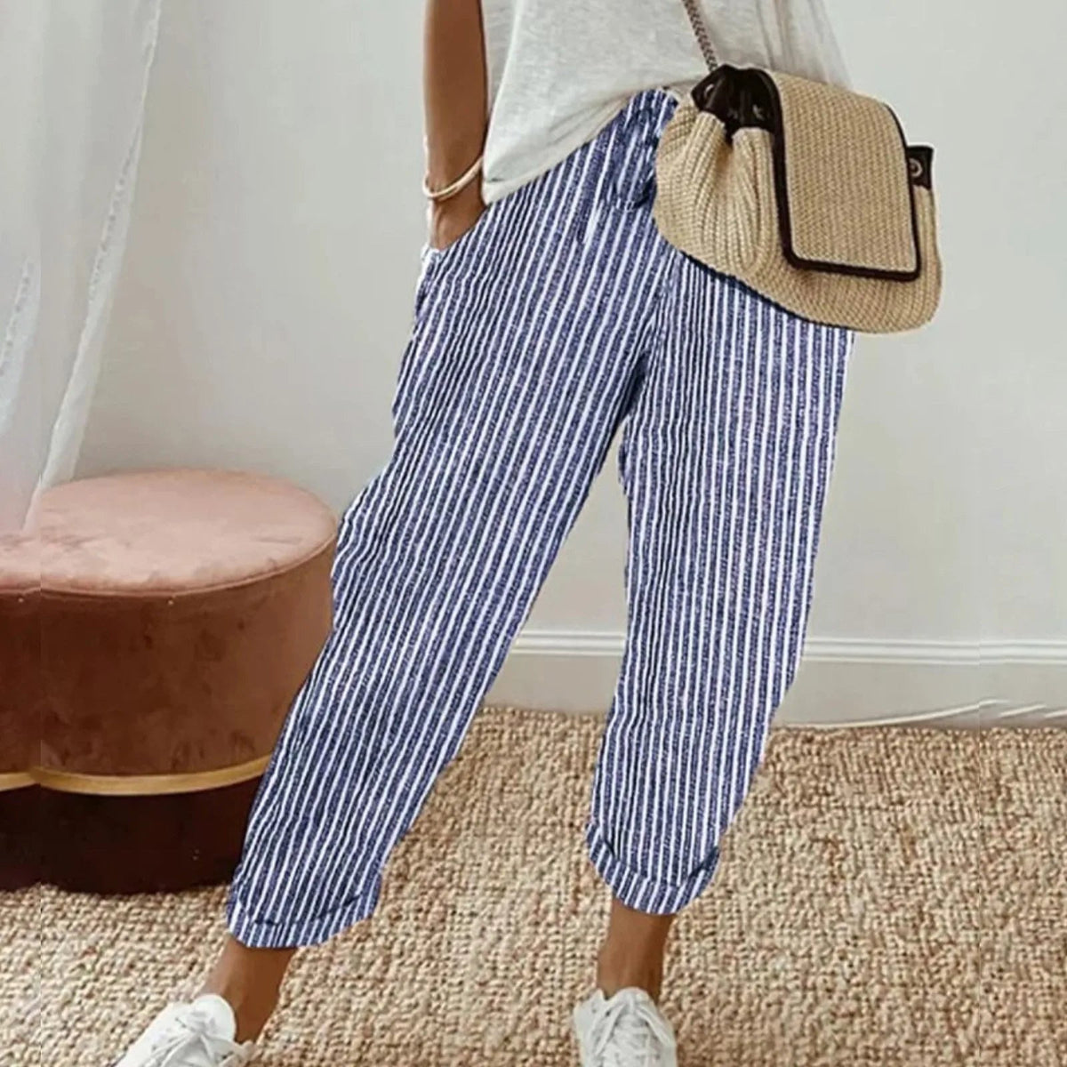 Striped Blue Luna | Retro High-Waist Pants for Women | Casual & Smart