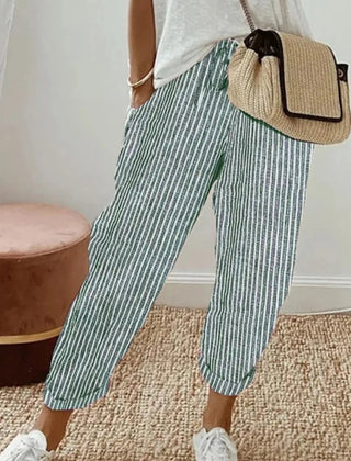 Striped Green Luna | Retro High-Waist Pants for Women | Casual & Smart
