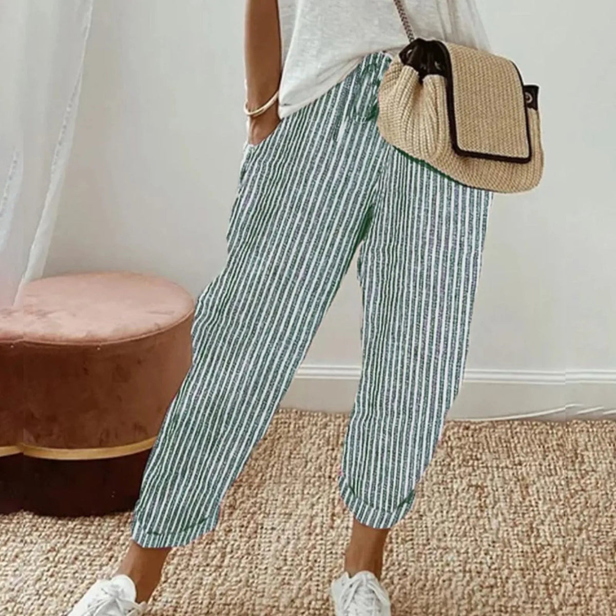 Striped Green Luna | Retro High-Waist Pants for Women | Casual & Smart