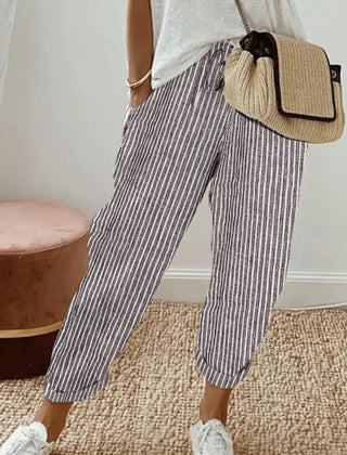 Striped Gray Luna | Retro High-Waist Pants for Women | Casual & Smart