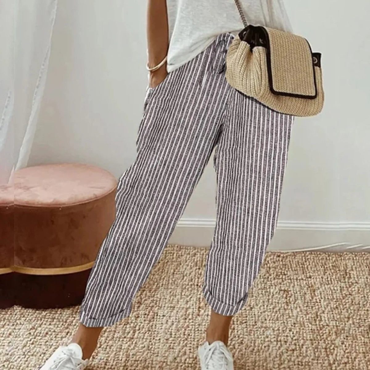 Striped Gray Luna | Retro High-Waist Pants for Women | Casual & Smart