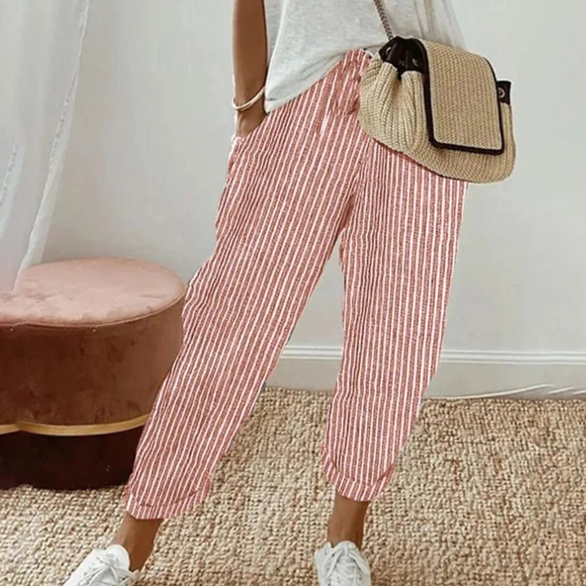 Striped Pink Luna | Retro High-Waist Pants for Women | Casual & Smart