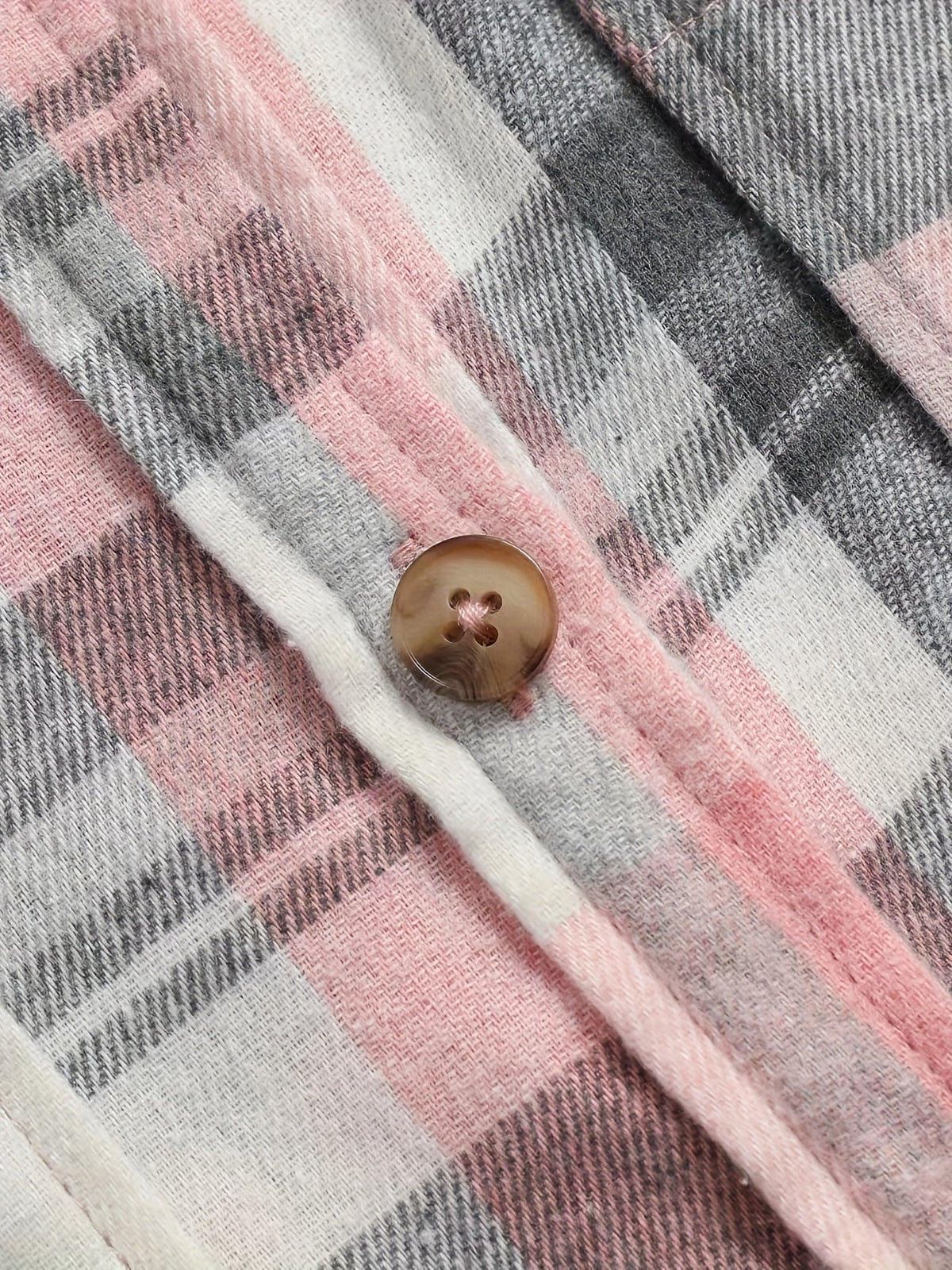 Nora Lightweight Plaid Shirt Jacket in Pink, button detail